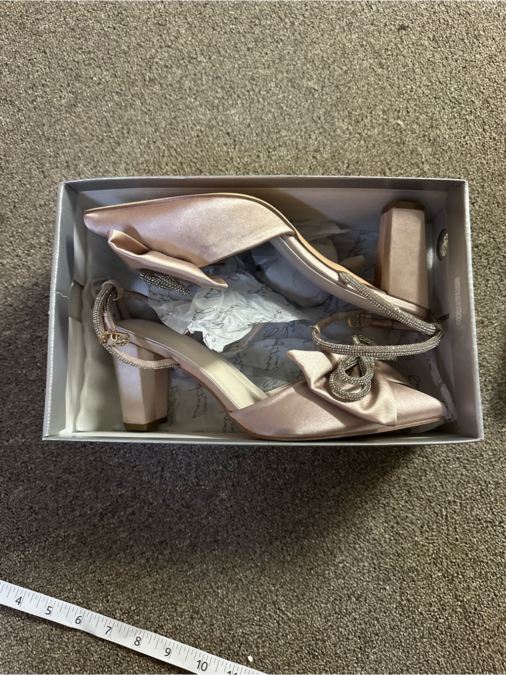 Oleg Cassini pink cream Satin Block Heel Sandals with Crystal Knot Accent